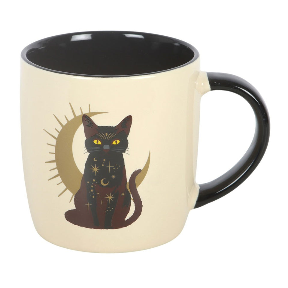 Taza de Cerámica Gato Negro Mágico y Luna Creciente (370 ml) Esotergia