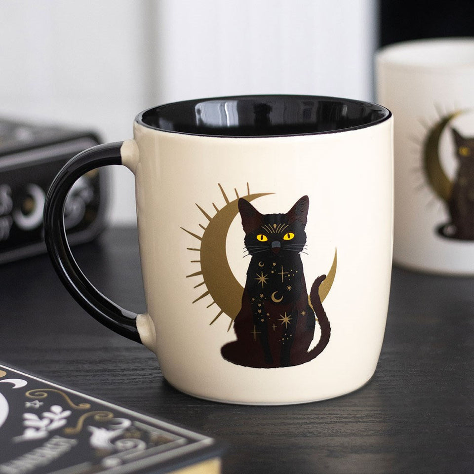 Taza de Cerámica Gato Negro Mágico y Luna Creciente (370 ml) Esotergia