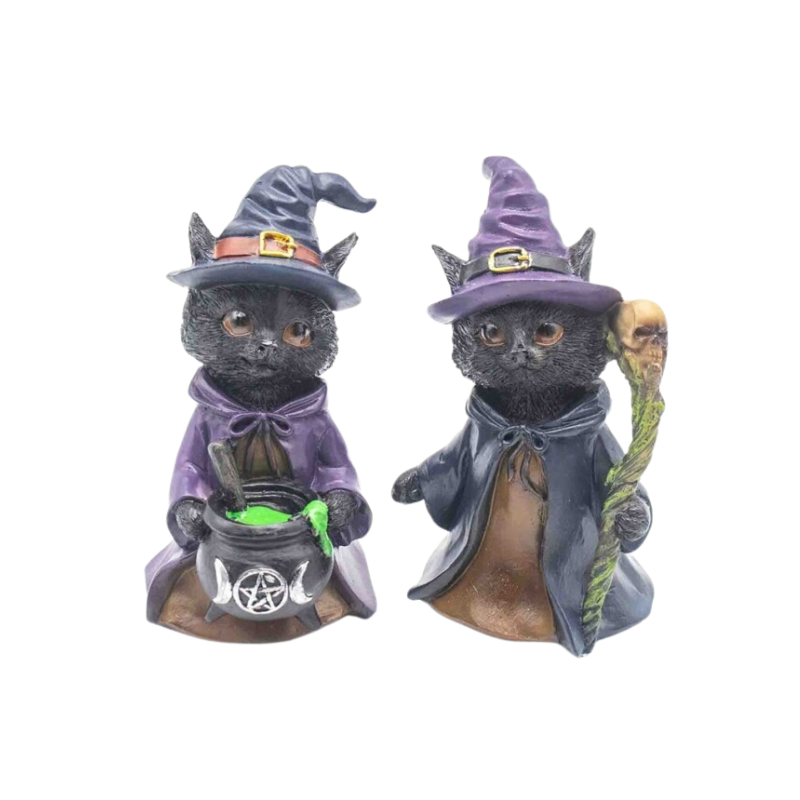 Set de 2 Figuras Gatos Brujos en Resina (13.8 cm) | Altar y Magia Wicca Esotergia Tienda
