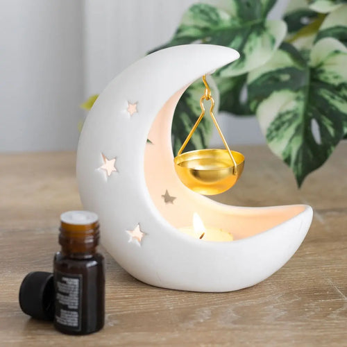 Quemador de Aceites Luna Creciente Blanco – Colgante con Cuenco Dorado Esotergia