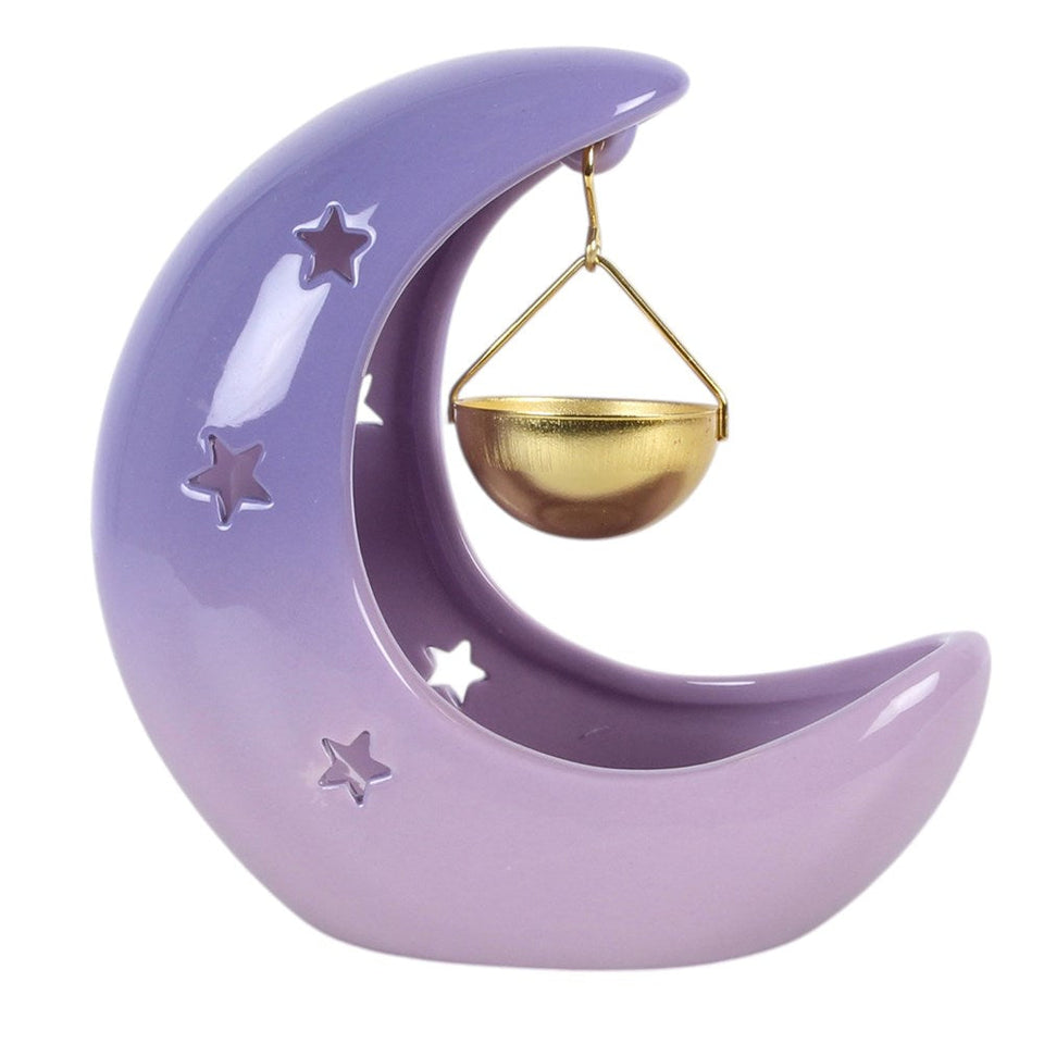 Quemador de Esencias Luna Creciente Morada Pastel con Cuenco Colgante Esotergia