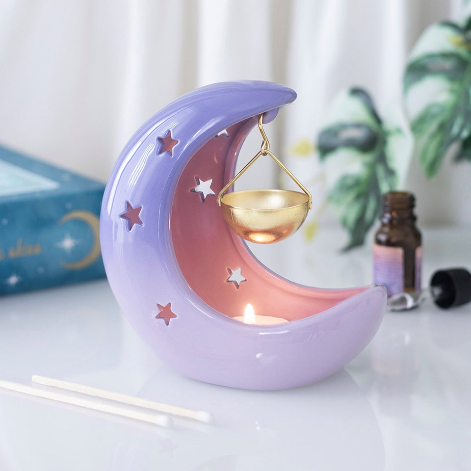 Quemador de Esencias Luna Creciente Morada Pastel con Cuenco Colgante Esotergia