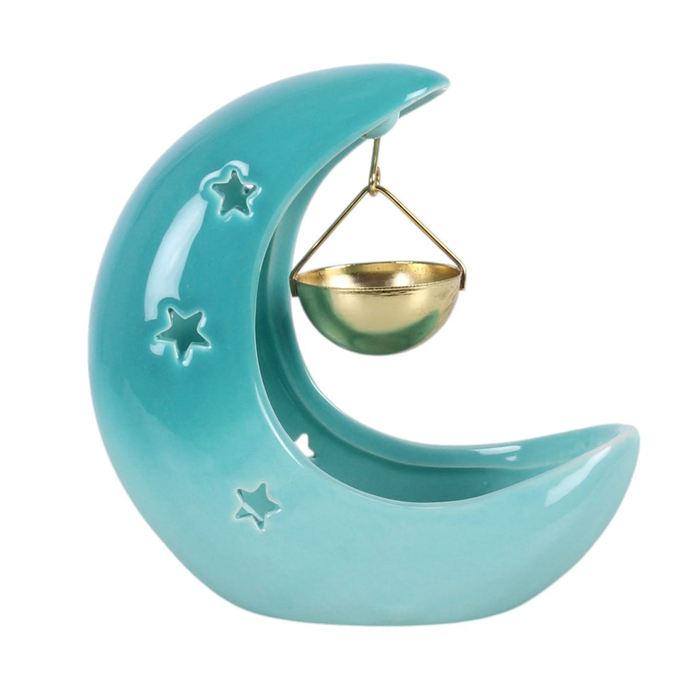 Quemador de Esencias Luna Creciente Azul Pastel con Cuenco Colgante Dorado Esotergia