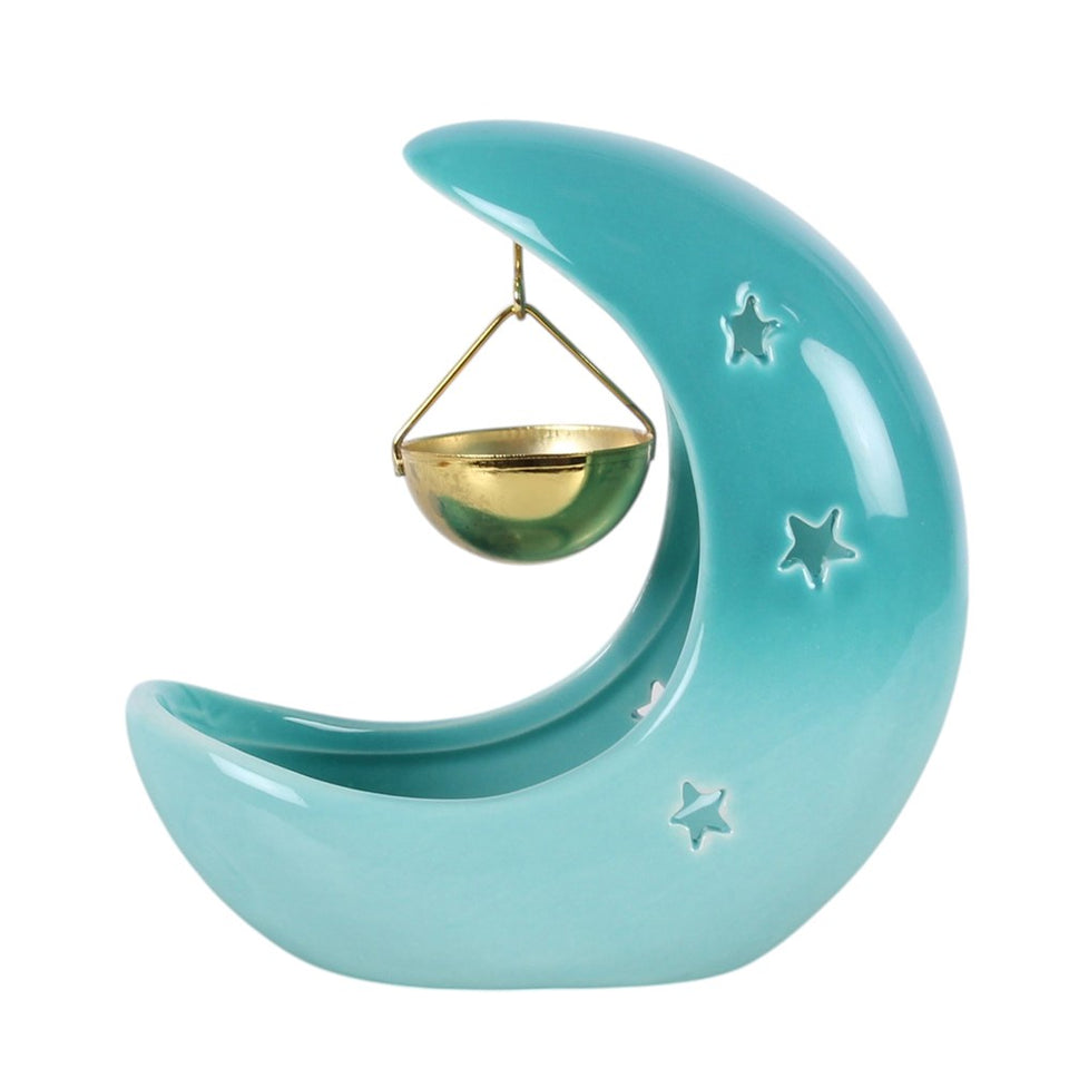 Quemador de Esencias Luna Creciente Azul Pastel con Cuenco Colgante Dorado Esotergia