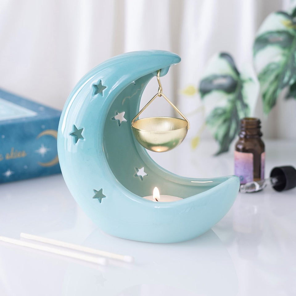 Quemador de Esencias Luna Creciente Azul Pastel con Cuenco Colgante Dorado Esotergia