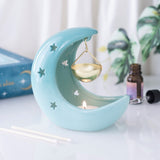 Quemador de Esencias Luna Creciente Azul Pastel con Cuenco Colgante Dorado Esotergia