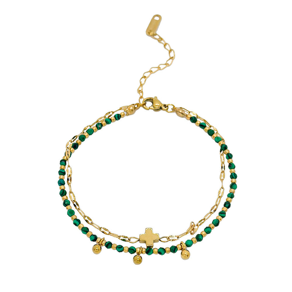 Pulsera "Renacer Espiritual" de Malaquita y Cruz en Acero Dorado – Transformación y Protección Esotergia