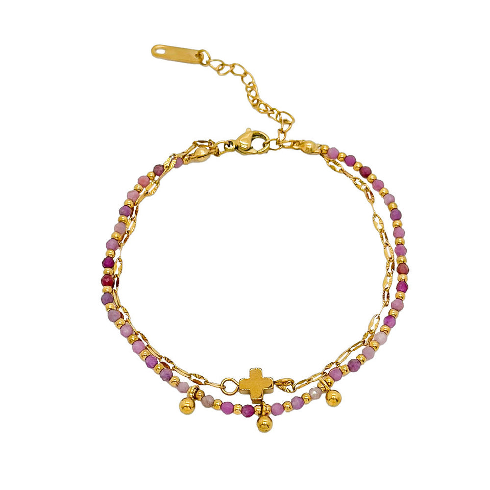 Pulsera "Amor Espiritual" de Turmalina Rosa y Cruz en Acero Dorado – Fe y Sanación Emocional Esotergia
