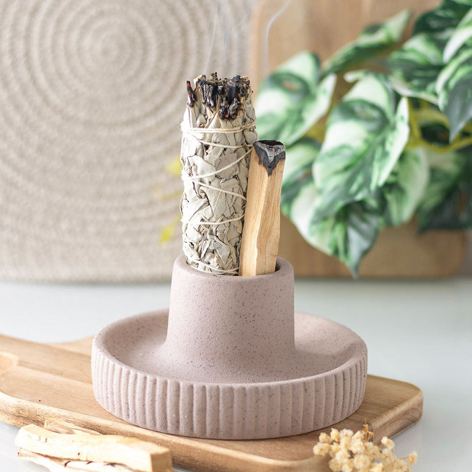 Cuenco Porta Sahumerios (Salvia, Palo Santo) | Cerámica Crema Estriada | Limpieza Energética Esotergia