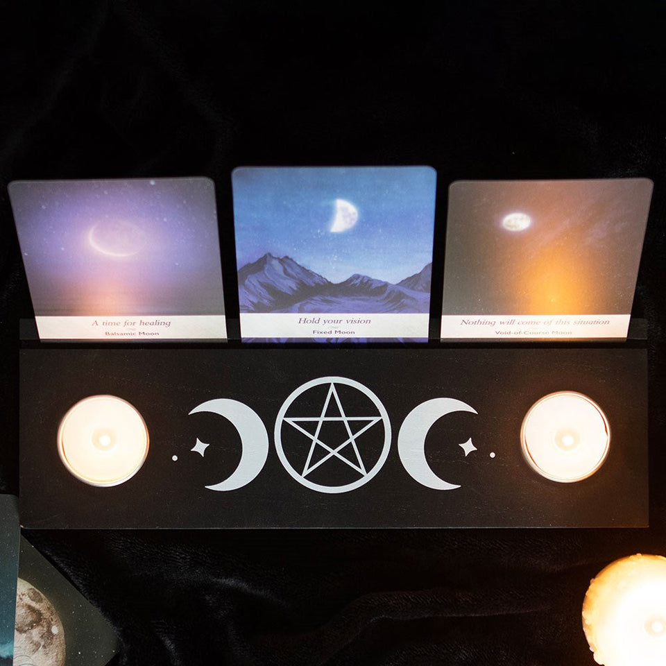 Soporte para Cartas de Tarot  - Oráculo Triple Luna Negra | Altar con Portavelas Esotergia