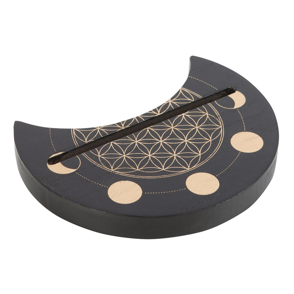Soporte para Cartas de Tarot Luna Creciente y Flor de la Vida | Madera Negra Esotergia Tienda