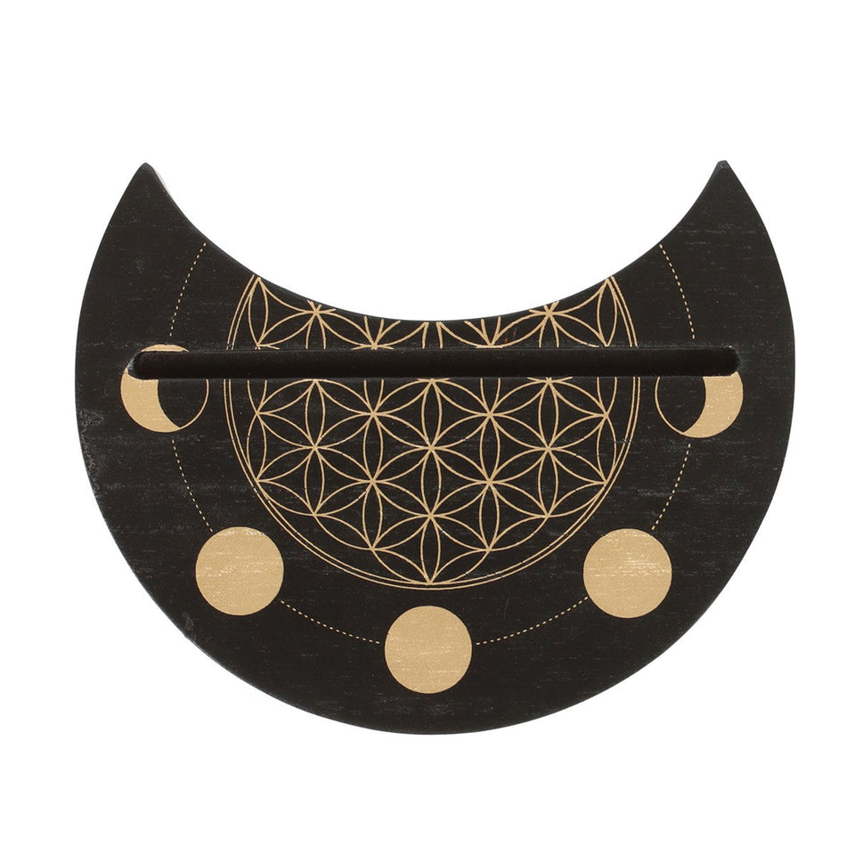 Soporte para Cartas de Tarot Luna Creciente y Flor de la Vida | Madera Negra Esotergia Tienda