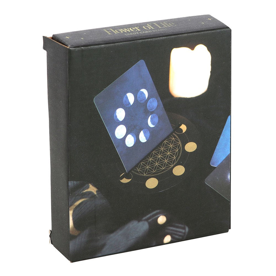 Soporte para Cartas de Tarot Luna Creciente y Flor de la Vida | Madera Negra Esotergia Tienda