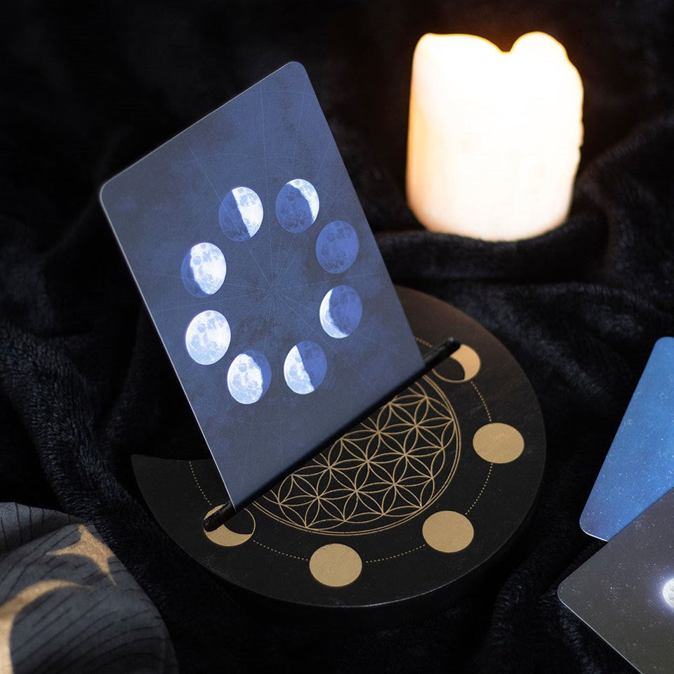 Soporte para Cartas de Tarot Luna Creciente y Flor de la Vida | Madera Negra Esotergia Tienda