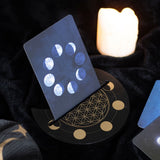 Soporte para Cartas de Tarot Luna Creciente y Flor de la Vida | Madera Negra Esotergia Tienda