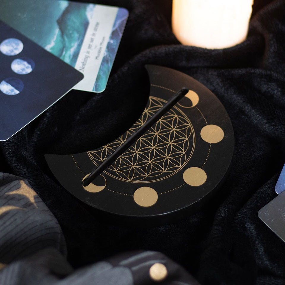 Soporte para Carta del Tarot con Flor de la Vida y Luna Negra