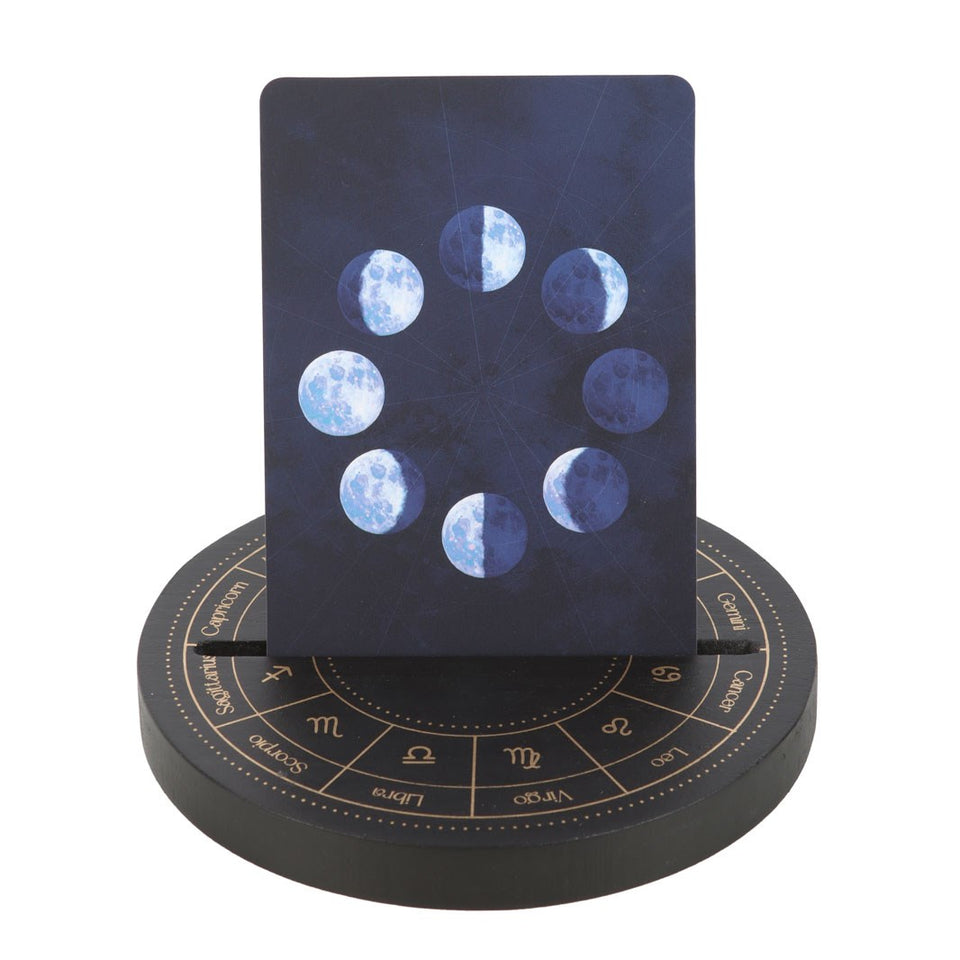 Soporte para Carta del Tarot con Rueda Astrológica en Madera Negra