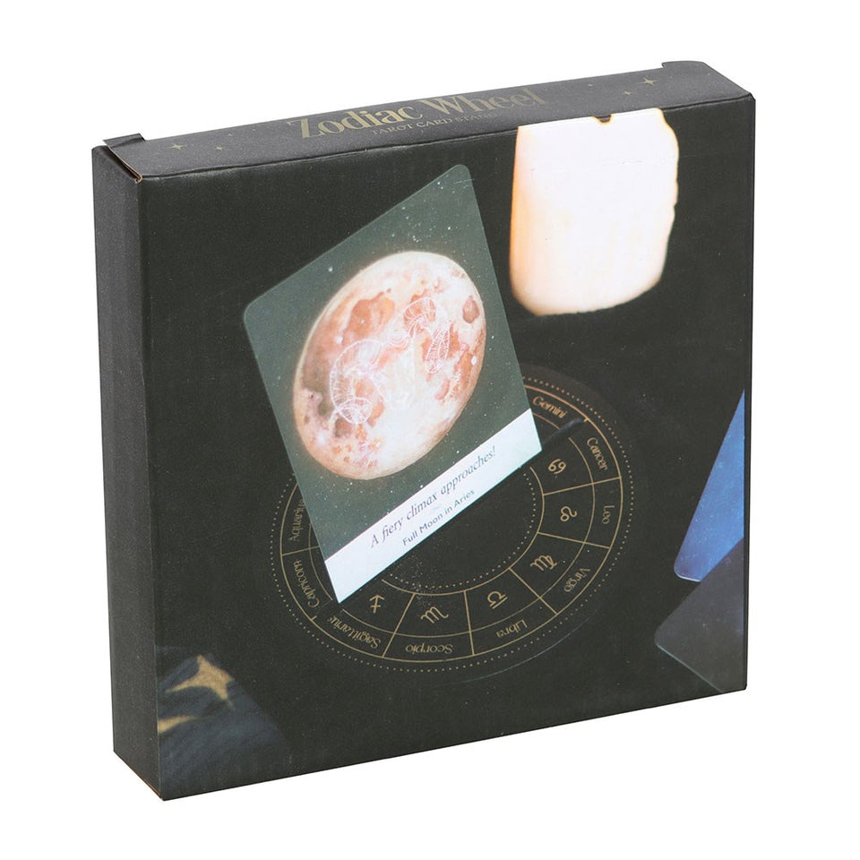 Soporte para Carta del Tarot con Rueda Astrológica en Madera Negra