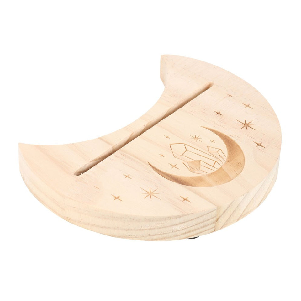 Soporte de Tarot con Luna Creciente – Madera Natural y Energía Mística