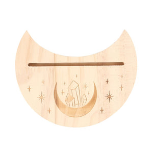 Soporte de Tarot con Luna Creciente – Madera Natural y Energía Mística