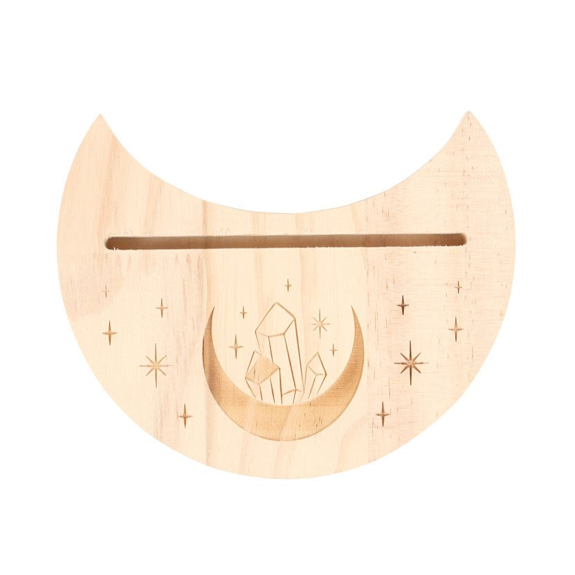 Soporte de Tarot con Luna Creciente – Madera Natural y Energía Mística