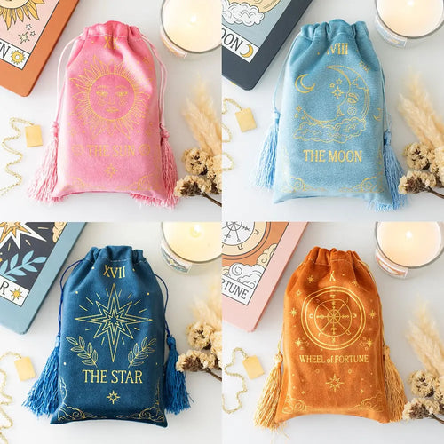 Set 4 Bolsas de Terciopelo para Tarot – Sol, Luna, Fortuna y Estrella Esotergia Tienda