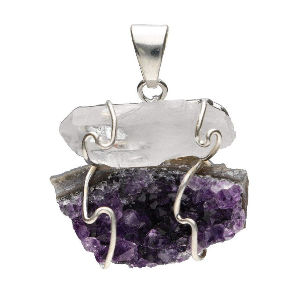 Colgante de Cuarzo Cristal y Drusa de Amatista | Baño de Plata Merlin Tienda