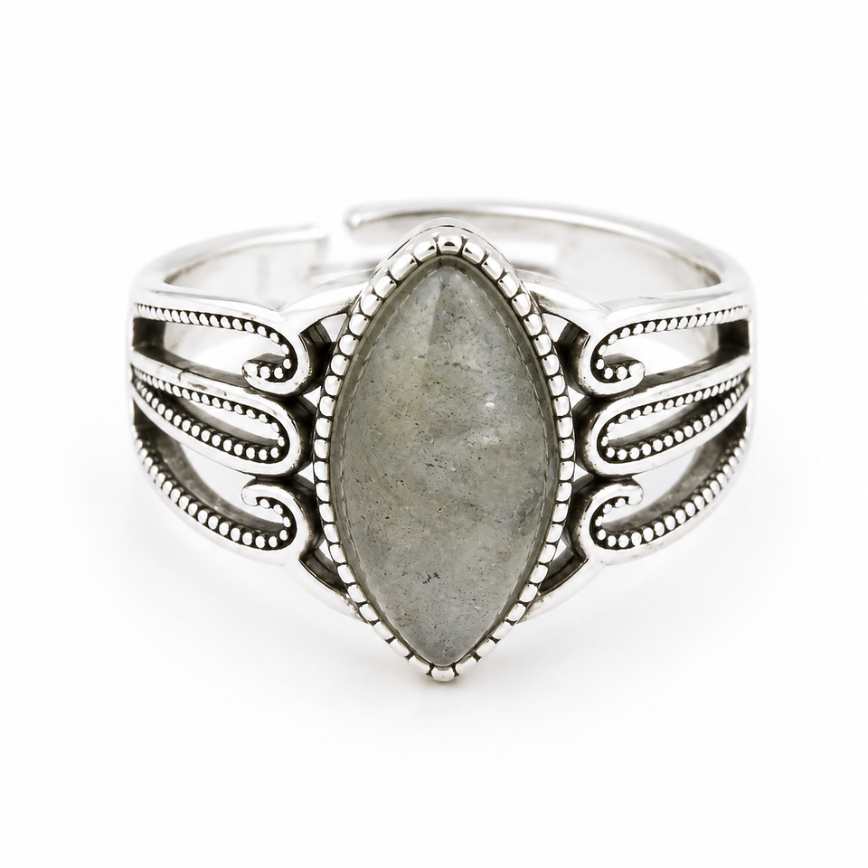 Anillo Ajustable de Labradorita Natural con Diseño Étnico Esotergia
