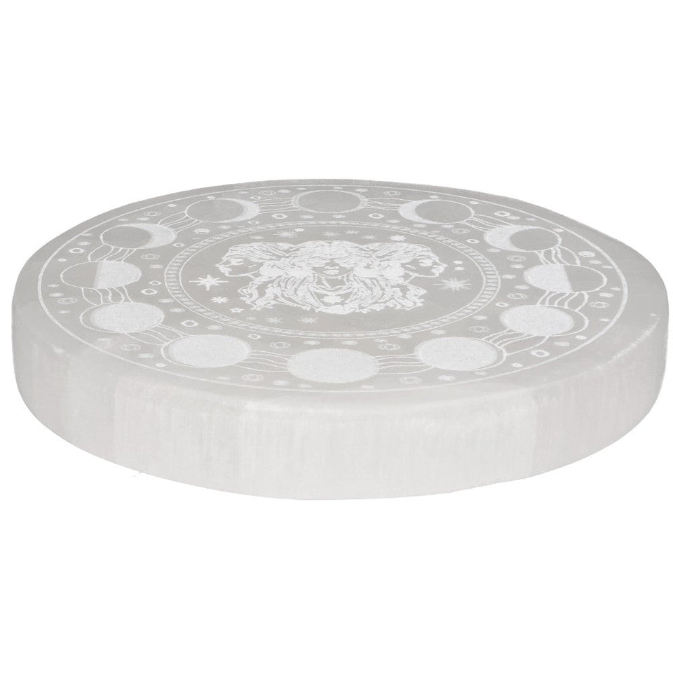 Placa Circular de Selenita Triple Diosa y Fases Lunares | Base de Carga (10 cm) Esotergia