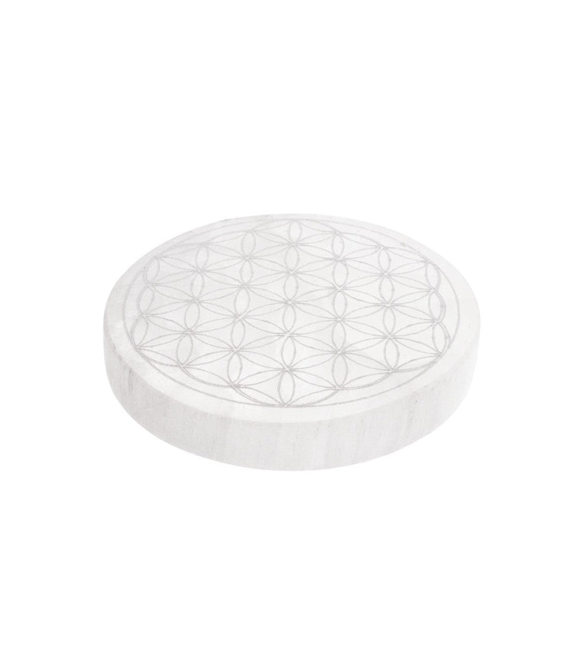 Placa Circular de Selenita Flor de la Vida | Purificación y Geometría Sagrada Esotergia
