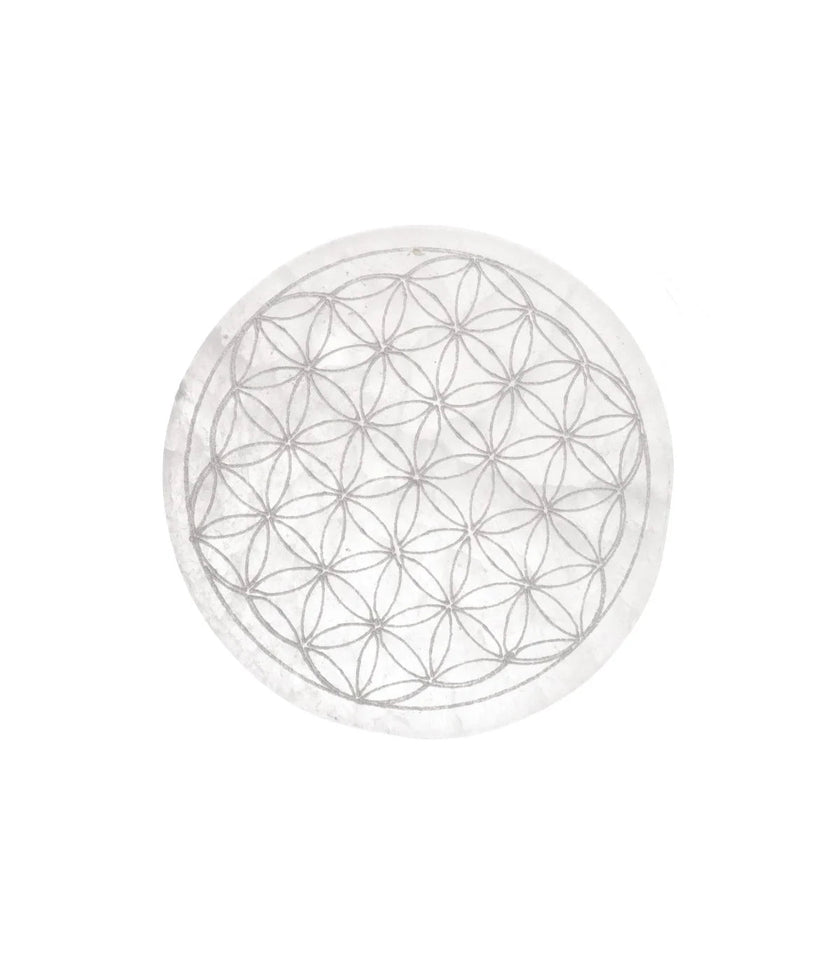 Placa Circular de Selenita Flor de la Vida | Purificación y Geometría Sagrada Esotergia