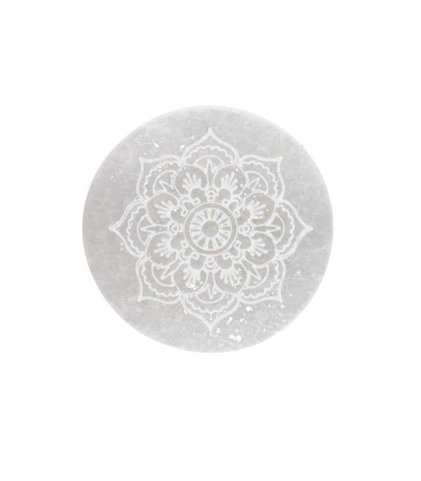 Placa Circular de Selenita Flor Geométrica | Purificación y Orden Cósmico Esotergia