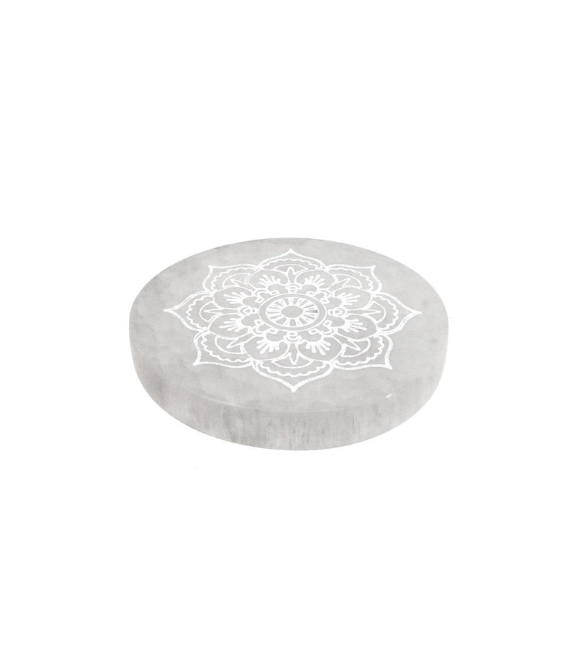 Placa Circular de Selenita Flor Geométrica | Purificación y Orden Cósmico Esotergia