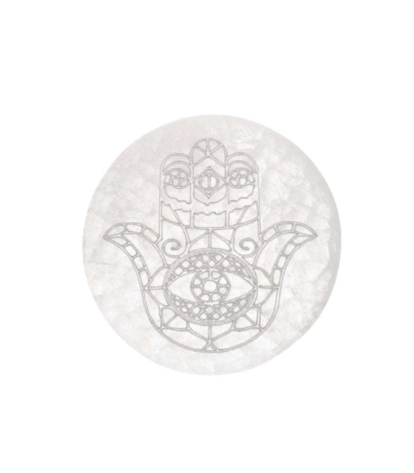 Placa Circular de Selenita Mano de Fátima (10 cm) | Protección y Limpieza Esotergia